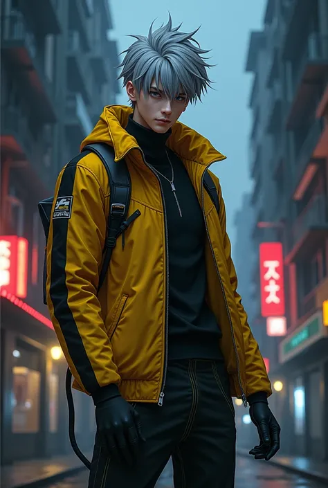 A tall anime guy with grey hair wearing yellow and black outfit in the night street 