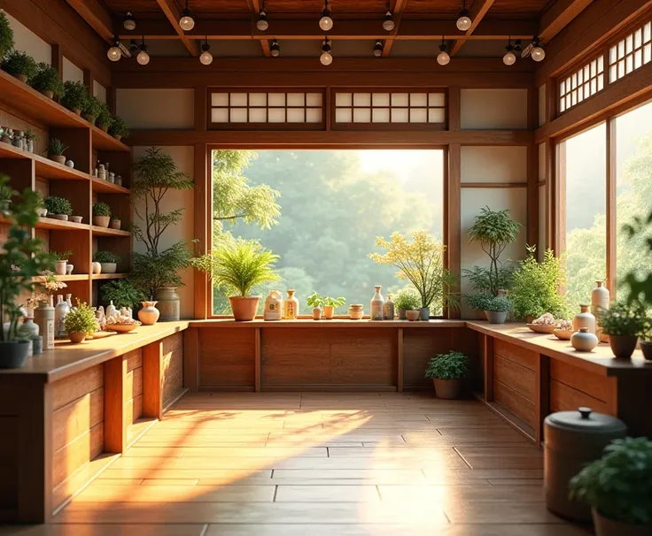 realistic, photorealistic, interior of a herbal shop, wooden furniture and decor, masterpiece, detailed, high quality, at morning, warm lighting, natural colors, ornate details, intricate textures, ornamental elements, ambient lighting, immersive atmospher...