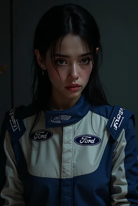 Draw a sad 23 years old  woman black light skinned Austrian Motorsport driver wearing a Ford uniform 