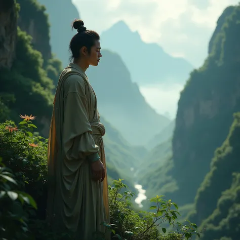 Beautiful young Chinese man, tall and slender, hermit-like appearance, eyes closed, side view, deep mountain valley, mysterious, 