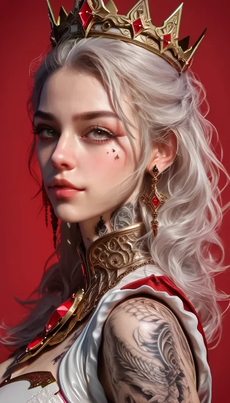 a beautiful detailed anime girl with crown on her head, detailed tattoos on her neck, detailed earrings and necklace, side view pose, standing in front of a red background, (best quality,4k,8k,highres,masterpiece:1.2),ultra-detailed,(realistic,photorealist...