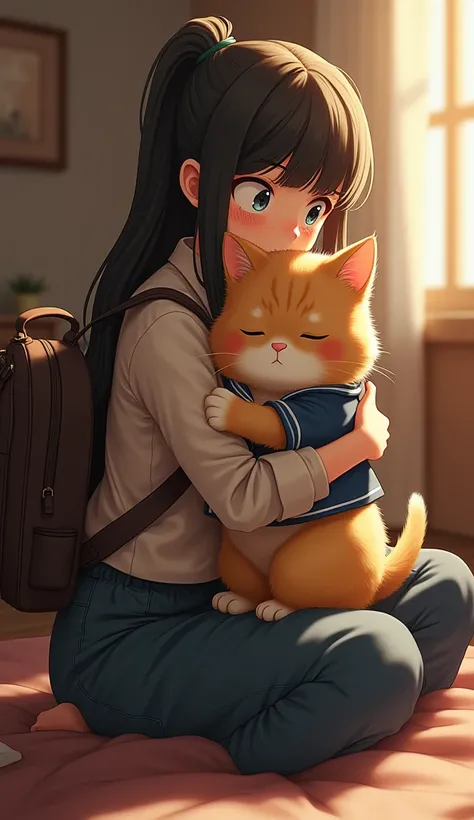 a cat in school uniform wearing bag and crying hugging her mom 