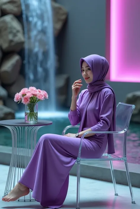 A beautiful Korean woman in hijab facing the camera, wearing a watch, hand random posing, wearing a long violet dress with cute animal pictures, sitting gracefully on a tempered glass chair, there is a tempered glass table and a flower vase, with a backgro...