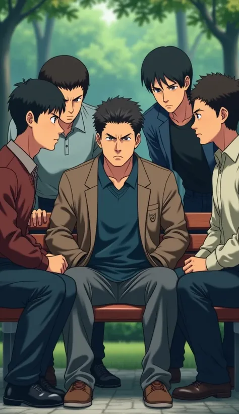 A man is sit  on bench and offended. And many man around him caring him. Anime pic look realistic full body pic