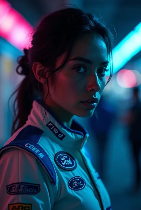 Draw a sad 23 years old woman black light skin Motorsport driver wearing a Ford uniform 