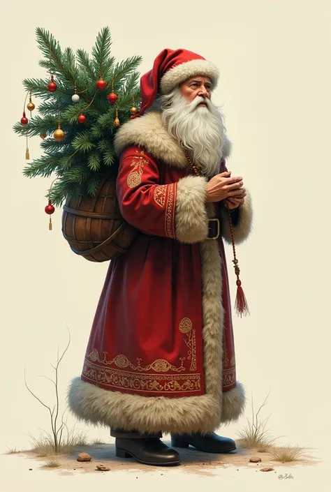 Russian Santa Claus carries on his shoulder a small Christmas tree with Christmas toys, side view, elongated long fur coat, without background.