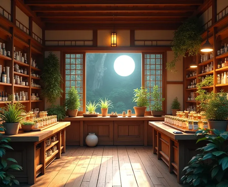 realistic, photorealistic, interior of a herbal shop, wooden furniture and decor, masterpiece, detailed, high quality, at night, moonlight, warm lighting, natural colors, ornate details, intricate textures, ornamental elements, ambient lighting, immersive ...