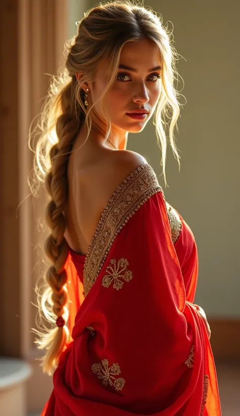 A beautiful 19 year old blonde girl with slim, curvy figure wearing a red saree, braided hair, (best quality,4k,8k,highres,masterpiece:1.2),ultra-detailed,(realistic,photorealistic,photo-realistic:1.37),hyper realistic,elegant portrait,intricate details,gl...