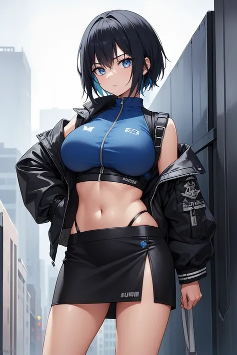  The outfit and accessories reflect a strong sense of urban style {x} Modern outfit with a black short skirt with blue accents {x} cool and edgy Stylish anime-style female characters that worked。 her pose is relaxed yet bold 、Her bangs are jagged 、 with sl...