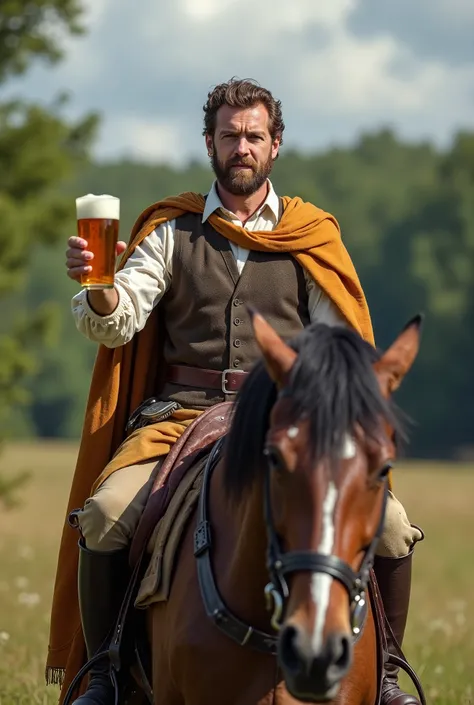 depict a man riding a gallant horse in a natural outdoor setting, such as a grassy meadow or near a forest. Instead of holding a sword, have them holding a beer in one hand, clearly visible and detailed. The beer should look like a classic bottle or mug, w...