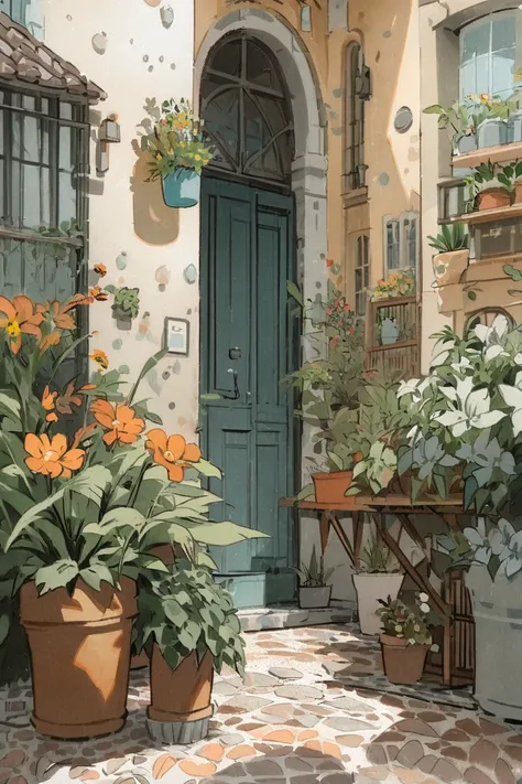 Flower shop,Coffee spots,gauges,a chair,No one,janelas,Flowers,a plant,Plants in pots,aquarelle (mediating),Landscapes,doors,air conditioner,picure (mediating),Traditional media,casa,Outdoors,terrazzo,architecture,Masterpiece,Best quality,High quality,