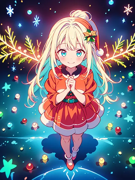 1girl,Chibi、 best smile 、 best detail、cute、 Christmas wreath 、 Neon Color Gradation Hair Color、white and red Santa Claus dress、 snowman、 Snowflakes 、 fantasy 、 absurd、 neon lights enhance cuteness、世界一cute絵、 Christmas Illuminations、 Proximity Method、 view f...