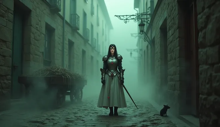 Callizto, a gothic inquisitor, steps cautiously into a narrow cobblestone alley in the year 1347, shrouded in a thick, sickly green fog. Her white plate armor, adorned with glowing red jewels, glimmers faintly in the dim light filtering through cracks in t...