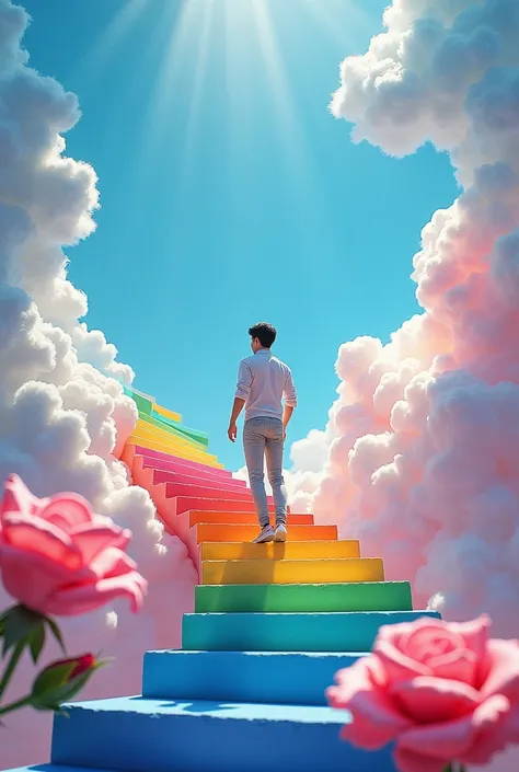 A 3D render of a dreamlike, surreal scene with a handsome Korean young man wearing trendy and cool clothes, climbing a vibrant rainbow-colored spiral staircase. The staircase gracefully ascends towards a cloud-filled, vivid blue sky. At the base of the sta...