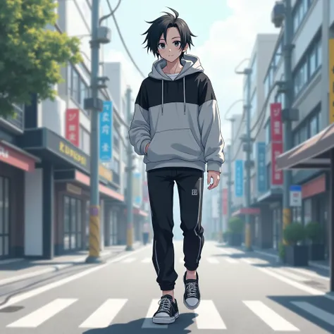  19-year-old boy ,  black and white gray hoodie, black and white pants  ,  black and white sneakers  ,  walking around Tokyo,  thin hair , Anime style, black hair ,  high definition ,  dark gray eyes, half black half white hair,long hair