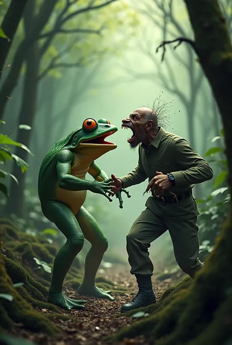 Putin as a frog fighting a crackhead in the woods