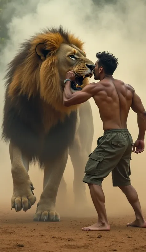 "A muscular man with an athletic build, wearing military shorts and bare chested, faced a giant, ferocious lion. The man bravely put his arm into the lions mouth, showing his courage and strength. The lion growled in an attack position, his paws raised, re...