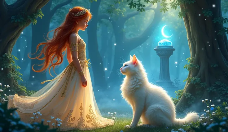 "An enchanting and visually stunning thumbnail for a magical fantasy story. A beautiful young girl, Elara, with long, flowing auburn hair that shines like fire in the soft light, stands gracefully in a radiant, mystical forest clearing. She wears an elegan...