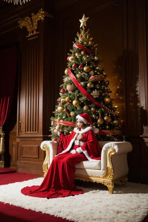 A majestic fantasy artwork featuring the Santa Warrior sitting regally on a golden throne, positioned in a grand hall adorned with festive decorations. The Santa Warrior wears red armor with intricate white patterns inspired by Santa Claus. Their golden sw...