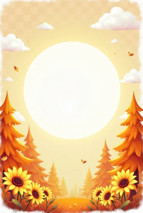 The image is a digital illustration featuring a circular design with a pastel color palette. The circle is mostly white with shades of white and yellow. Surrounding the circle are pine trees in shades of orange, with a few sunflowers dotted with small, flu...