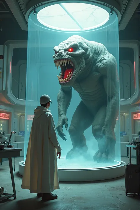 Create a kind of laboratory with an expert in white clothing and white cape and helmet looking at the giant monster in front of you trapped inside a glass cage, a very ugly monster with big teeth and red eyes.