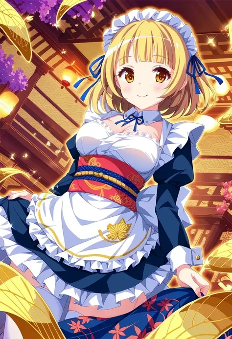 1Girl, yuki mio, cowboy shot, sparkling aura, A gorgeous Japanese maid outfit, a fusion of traditional Japanese patterns and modern design, with gold leaf accents, luxurious embroidery, silk material, and gorgeous colors, Gorgeous Japanese maid uniform, a ...