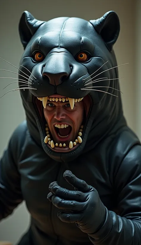 Realistic, man is trapped skintight inside a living inflatable pamther costume grabbing trying to take it off, inflatable panthers face is stretched skintight masked on mans face, panther has devious grin, the inflatable panther skin is sealing the man up ...