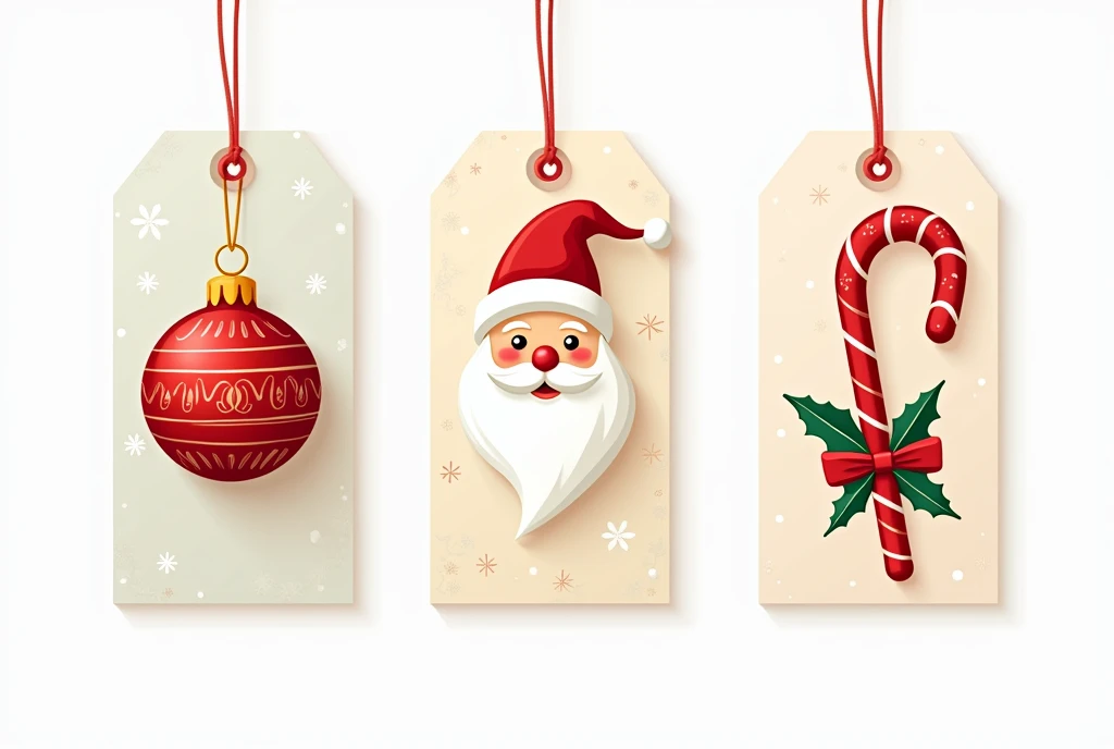 A vector illustration of fun Christmas gift tags with retro holiday icons like vintage ornaments, classic Santas, and old-fashioned candy canes.  Bright, nostalgic colors.  Isolated on white.  --v 5 --ar 3:2 --style raw
