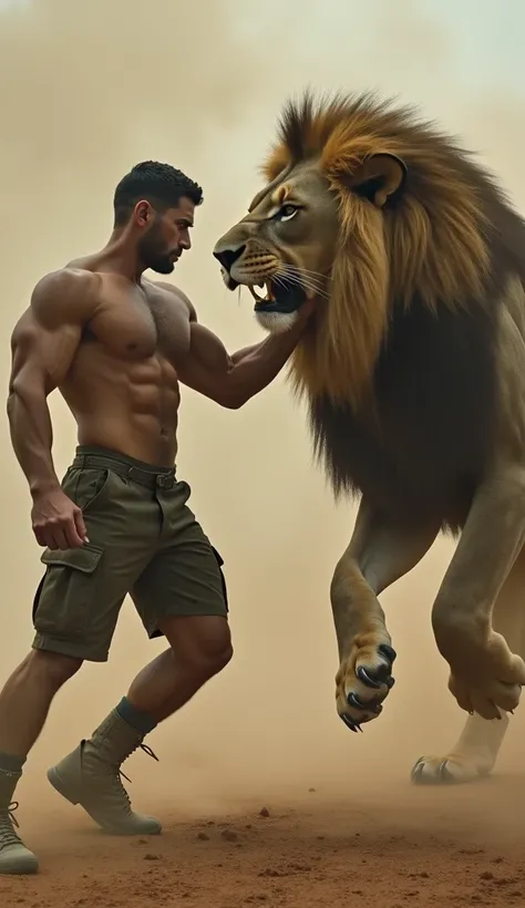 "A muscular man with an athletic build, wearing military shorts and bare chested, faced a giant, ferocious lion. The man bravely put his arm into the lions mouth, showing his courage and strength. The lion growled in an attack position, his paws raised, re...