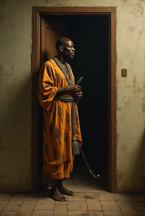 The Whispering Door
A plain office door slightly ajar, with faint, eerie whispers emanating from the darkness behind it. The air seems heavy, and the shadows flicker unnaturally. Realistic painting Igbo attire Igbo tribe Nigeria