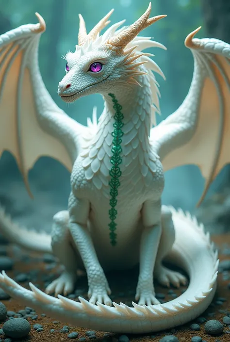 White dragon with emerald green touches and purple eyes 1200x480 vertical image 