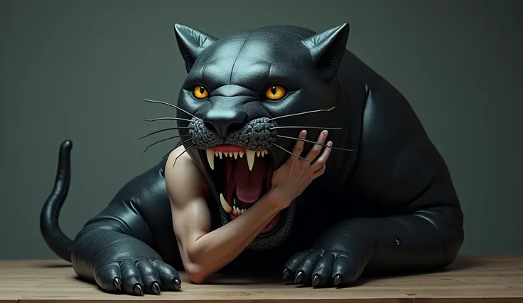 Realistic, man is trapped skintight inside a living inflatable panther costume grabbing trying to take it off, inflatable panthers face is stretched skintight masked on mans face, panther has devious grin, the inflatable panther skin is sealing the man up ...