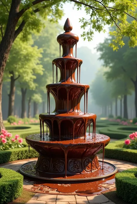 A chocklet fountain on the garden 