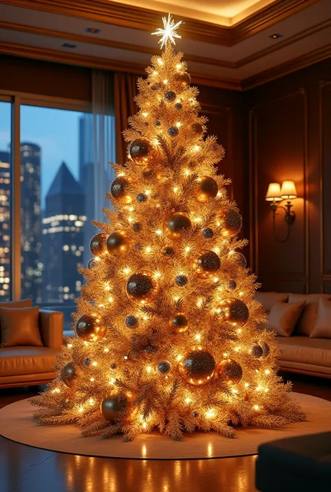 create an image of a luxurious Christmas tree that sits in the living room of the Rain Company