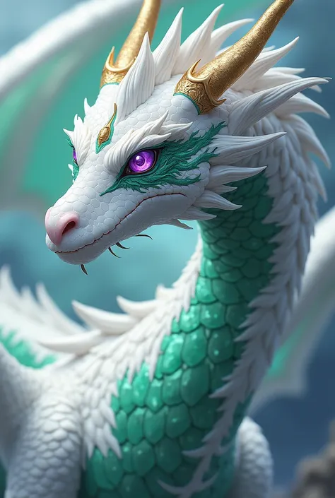 White dragon with touches of emerald green on its skin purple eyes amethyst image of 1200x480 anime