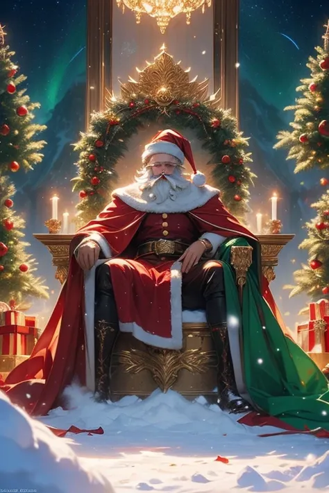 A majestic fantasy artwork featuring the Santa Warrior sitting regally on a golden throne, positioned in a grand hall adorned with festive decorations. The Santa Warrior wears red armor with intricate white patterns inspired by Santa Claus. Their golden sw...