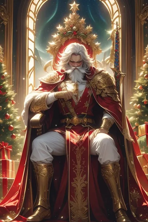 A majestic fantasy artwork featuring the Santa Warrior sitting regally on a golden throne, positioned in a grand hall adorned with festive decorations. The Santa Warrior wears red armor with intricate white patterns inspired by Santa Claus. Their golden sw...