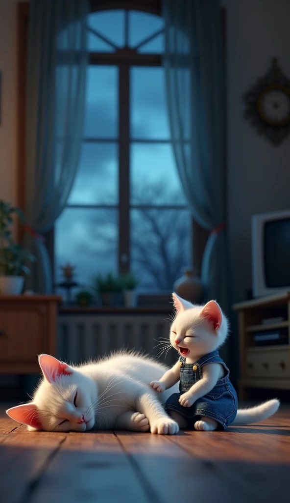 In cinematic 3D style, HD image ,colourful image, realistic image.
Character, Thin Lena big white cat wearing yellow long dress . lying dead in floor and eyes closed 
Character, white baby cat wearing one piece denim dress.
Action,It is night, Lina big whi...