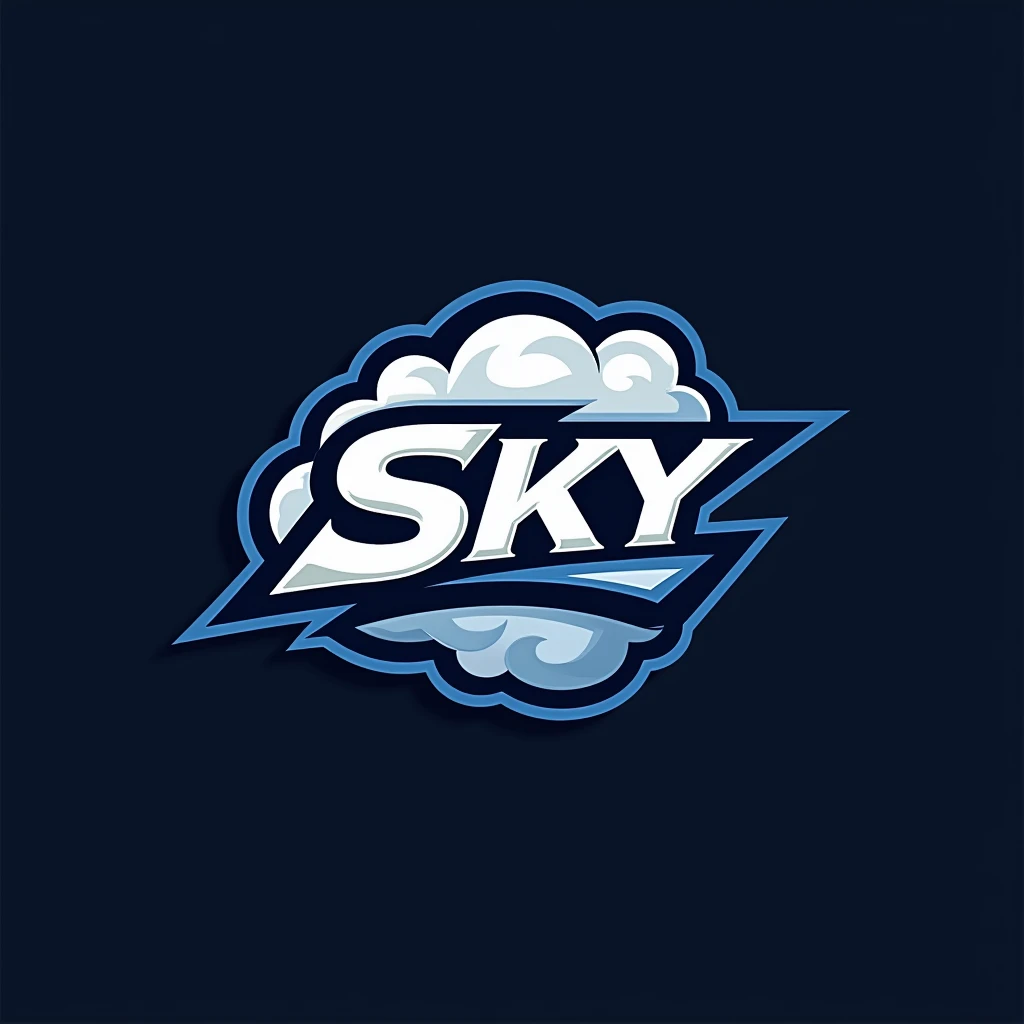 "Create a brutal logo for a sports team called Sky. Use elements of sky and clouds in the design, with an emphasis on strength and movement. Color palette: black, navy blue and white. The typeface should be sharp and modern, conveying power and ambition. T...