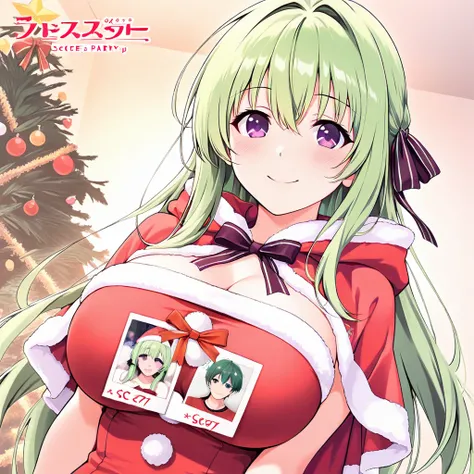 masterpiece, best quality, Christmas Polaroid Photo Generator, AyahimeKurumi, 1girl, solo, green hair, long hair, purple eyes, large breasts, hair ribbon, smile, happy, blush, santa, xmas party, xmas tree, 