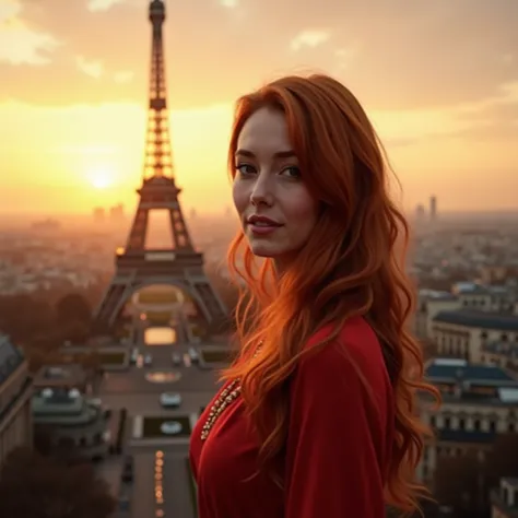 Create an image of a red-haired woman  in Paris, in a eiffel tower, during sunset, capturing the magic of the golden hour. The soft light should enhance the warm tones of the sky on the city,  creating a calm and serene atmosphere. She have long hair, and ...