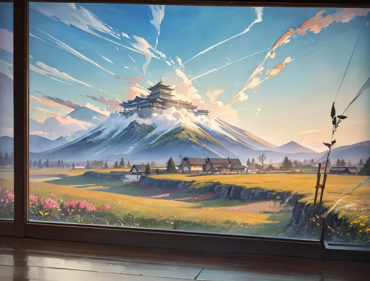  A fusion of watercolor and oil paintings ,  A mix of Japanese paintings ,  top quality , Super fine, 16k, incredibly absurdres,  very detailed, 2.5D,  Delicate and dynamic, Sparkling prairie , wind, wind effect, A distant view of a mountain in the center ...