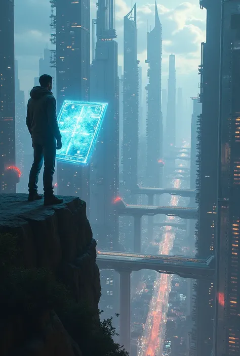 A dynamic futuristic city skyline with an individual standing on a high platform, looking over, holding a glowing blueprint.