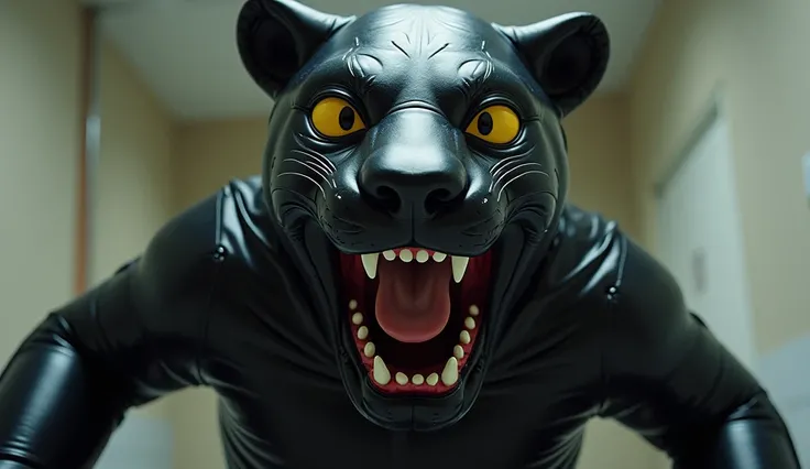 Realistic, man is trapped skintight inside a living inflatable cartoon panther costume grabbing trying to take it off, inflatable panthers face is stretched skintight masked on mans face, panther has devious grin, the inflatable panther skin is sealing the...