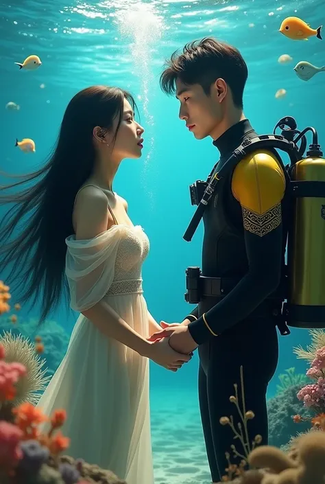 Realistic real faces of two people clearly looking at the camera, beautiful Korean woman with long hair and handsome Asian man wearing black and yellow diving costume complete with attributes, both holding hands at the bottom of the beautiful ocean