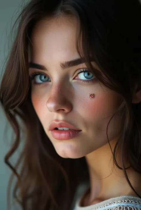 Young European woman with blue eyes and dark hair has a cute rens patch on her cheek.  Close-up of cheek and eyes