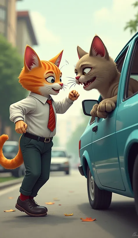 a cat in school uniform hitting a old cat from his car