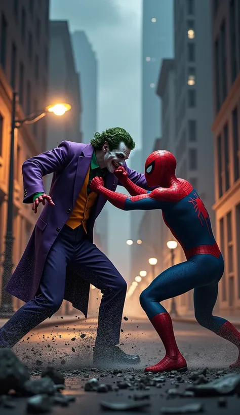 A fierce fight between the Joker and Spiderman strike blows between them in a street fight surrounded by buildings. The sky is dark and the street is illuminated by street lights.