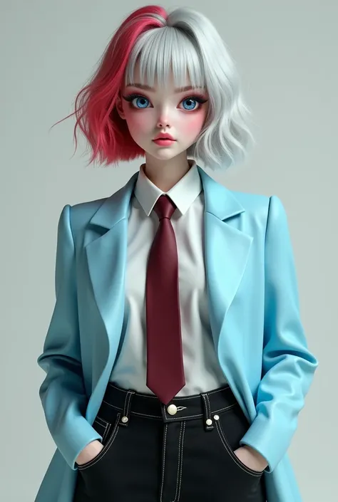 A character with fair skin small nose A blue eye another red white and gray hair Wearing a baby blue suit with a dark red tie Black jeans 