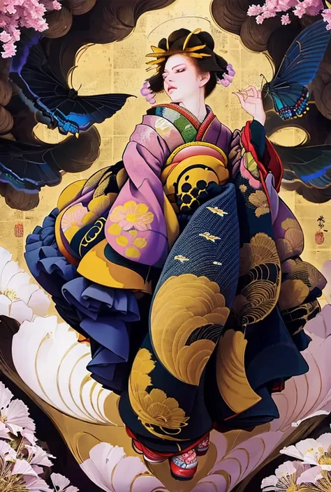 「 a beautiful woman wearing a traditional Japanese kimono 、 and her hair is decorated with delicate butterflies and flowers。The background and her decorations are 、black、 pink、 in a bright yellow neon color 」 「unified。 has an elegant embroidered pattern on...